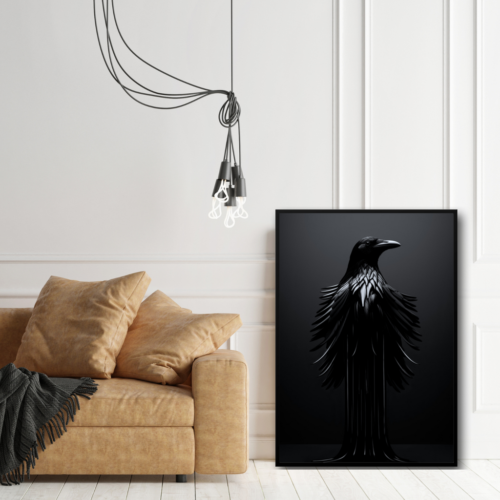 Colloidal Crow Collection - Directed Generative AI Art Print - Black Crow with Mesmerizing Magnetic Patterns Merging with Ferrofluid - PosterPainter.com Exclusive