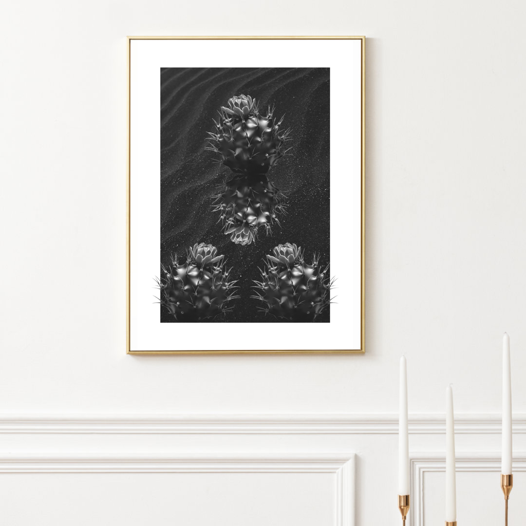 Succulent Symmetry Art Print - Moody Black Cactus on Sandy Sparkly Black Background