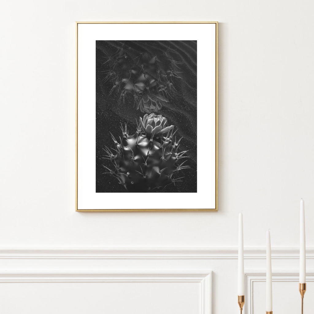 Succulent Symmetry II Art Print - Moody Black Cactus Variation on Sandy Sparkly Black Background