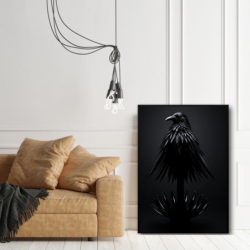 Obsidian Fusion AI Art Print - Black Crow Perched on Swirling Ferrofluid Bed - PosterPainter.com Exclusive