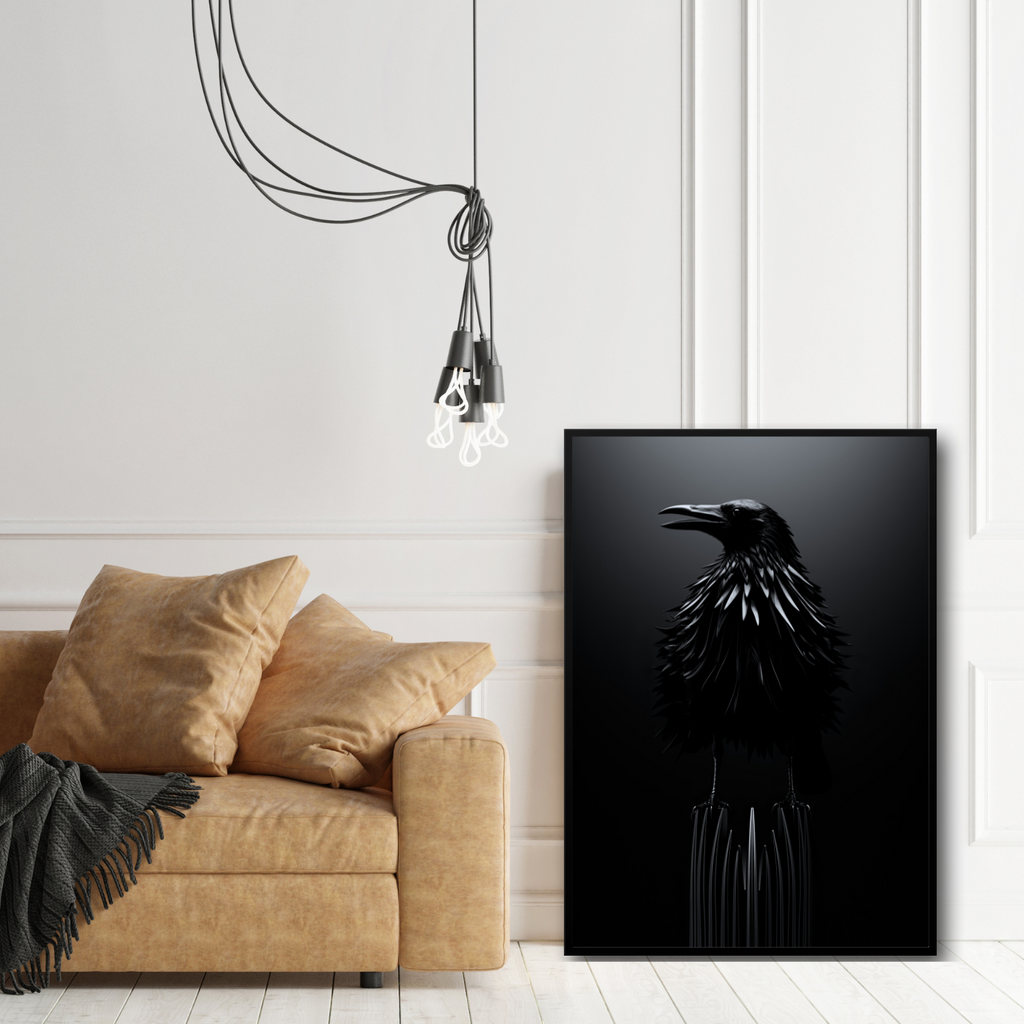 Metalline Crow AI Art Print - Black Crow with Metallic Sheen Merging with Ferrofluid - PosterPainter.com Exclusive