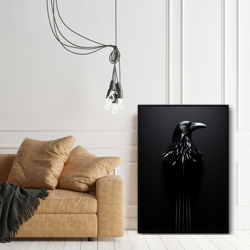 Shadowed Alchemy AI Art Print - Black Crow amidst Swirling and Shimmering Ferrofluid - PosterPainter.com Exclusive