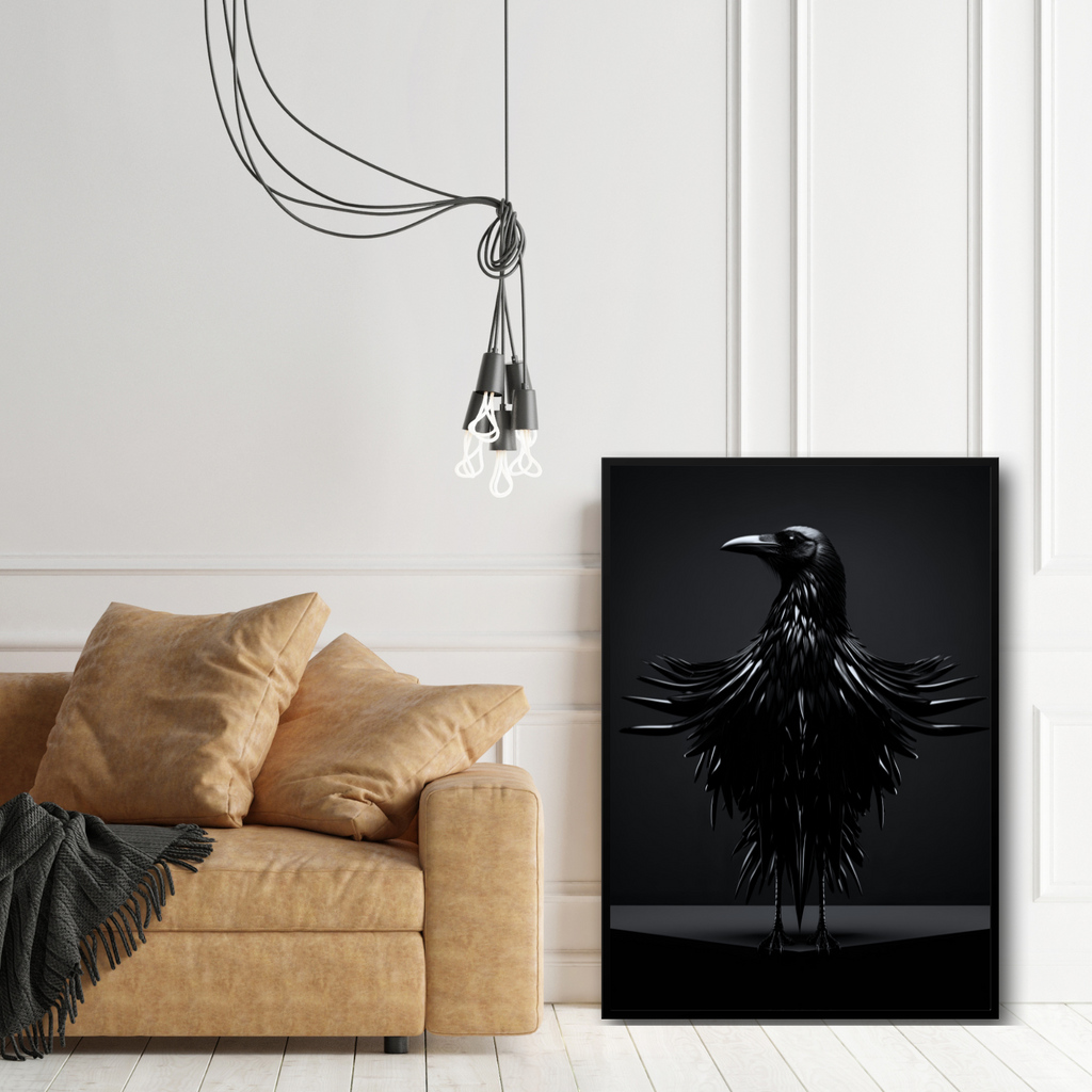 Ferrofeathered Enigma AI Art Print - Black Crow with Intricate Ferrofluid Feathers on Dark Background - PosterPainter.com Exclusive