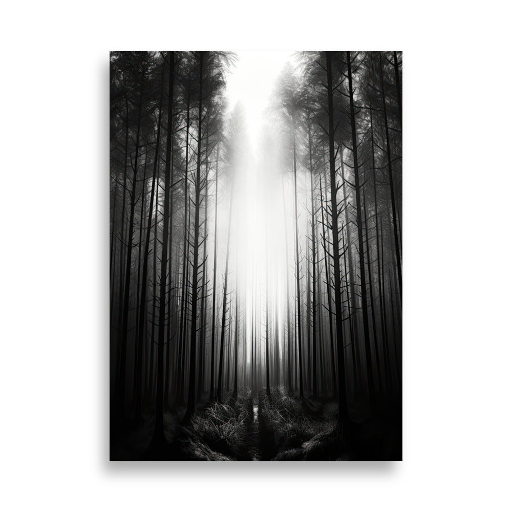 Forbidden Forest Art Print - Monochrome Scene of Tall, Bare Trees in a Mysterious Setting | PosterPainter.com