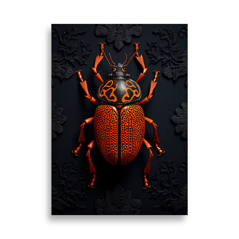 Radiant beetle with fiery hues and captivating details against a dark backdrop - 'Flamecarver' art print available at PosterPainter.com.