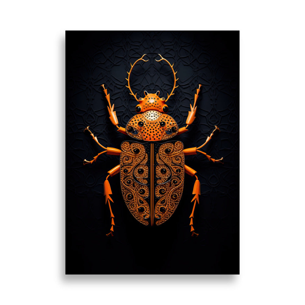 Majestic beetle with intricate patterns and fiery-orange tones against a contrasting dark background - 'Emberweaver' art print available at PosterPainter.com.