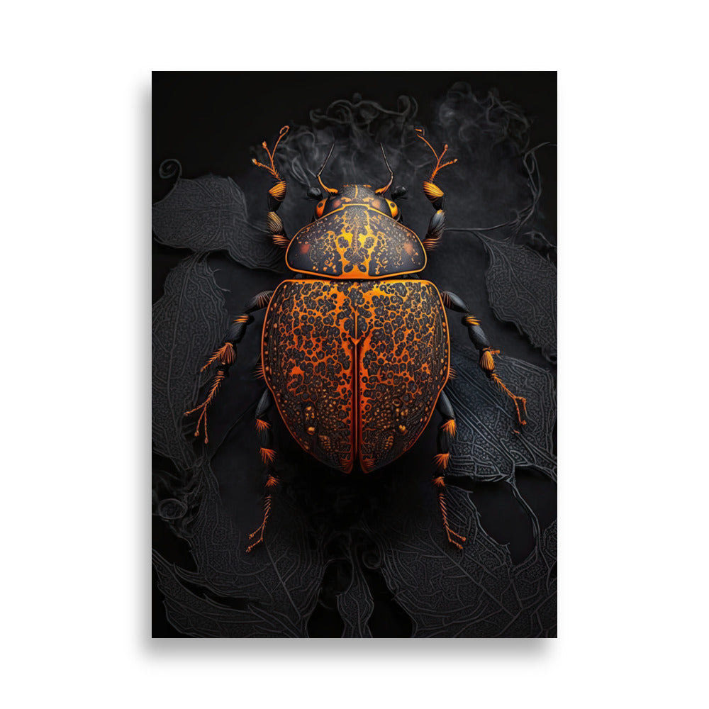 Fiery-orange beetle with intricate patterns against a contrasting dark background - 'Inferno Wing' art print available at PosterPainter.com.