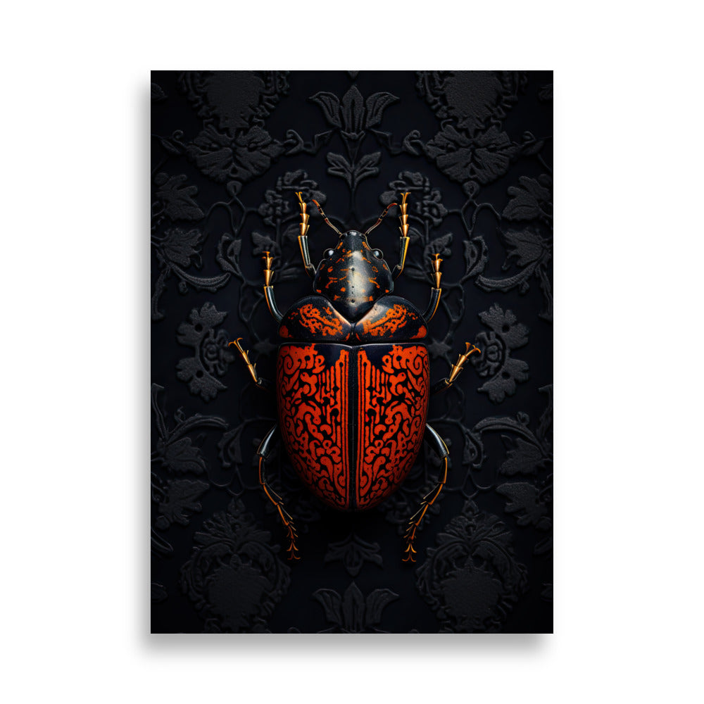 Fiery beetle with intense orange hues and dynamic composition against a dark backdrop - 'Blazeburst' art print available at PosterPainter.com.