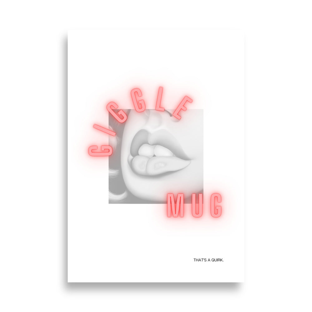 Giggle mug art print: AI-generated lips in black and white with neon red words.