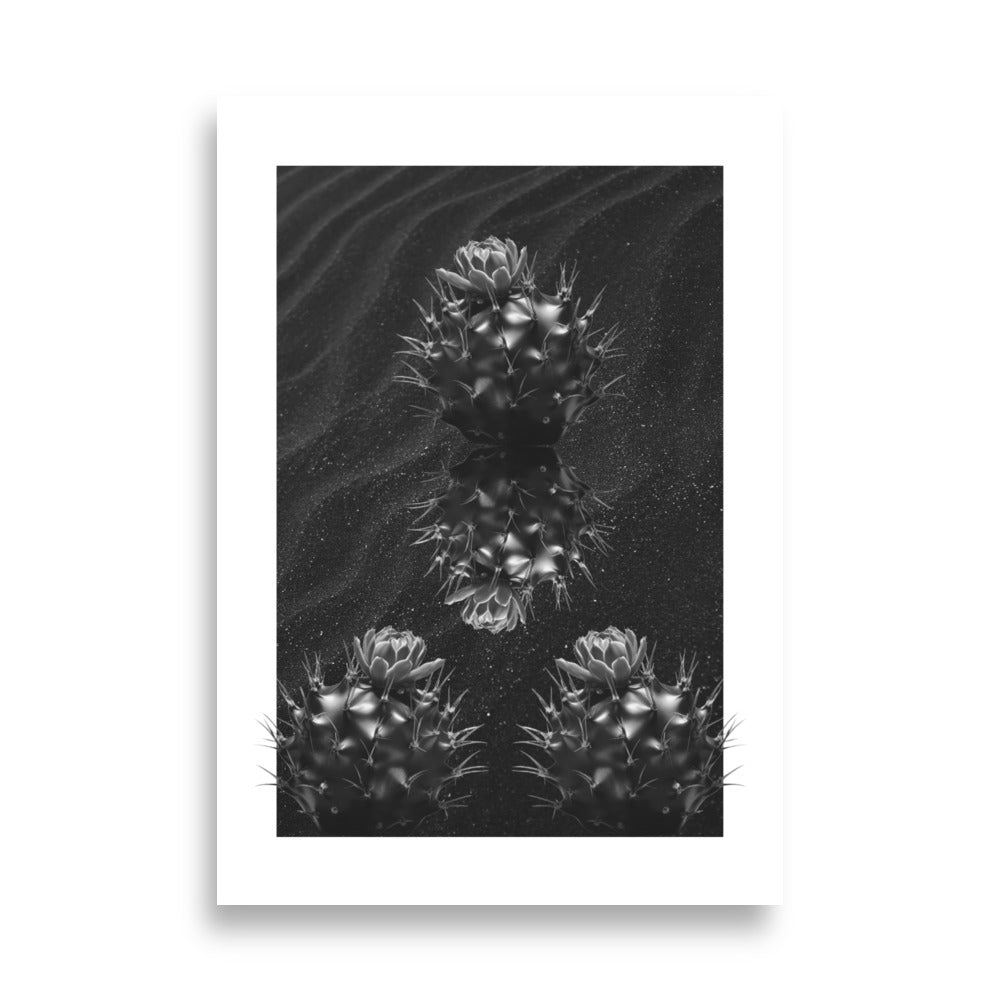 Succulent Symmetry Art Print - Moody Black Cactus on Sandy Sparkly Black Background