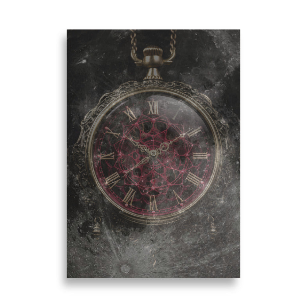 Lost in Time Art Print - Moonlit Landscape with Ruby Red Vintage Pocket Clock