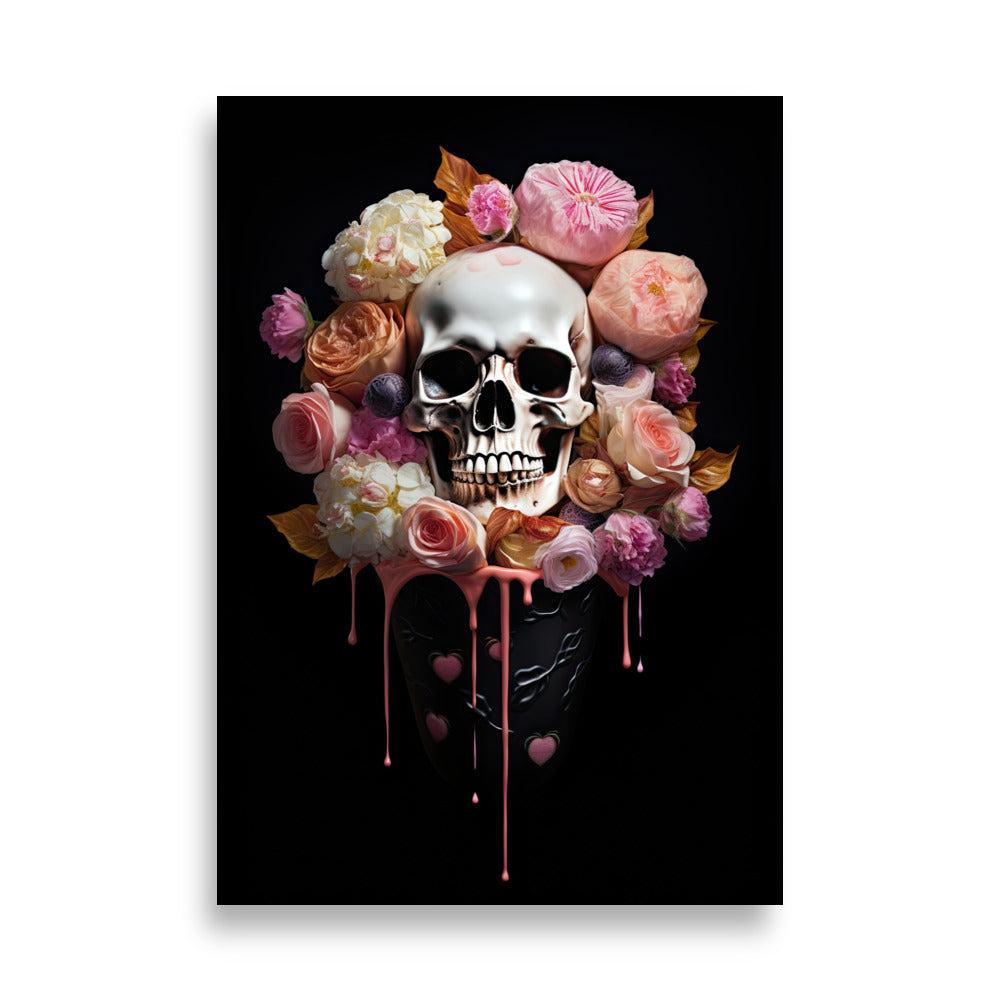 Melting Floral Skull Art Print - Skull Immersed in a Pot of Colorful Melting Flowers