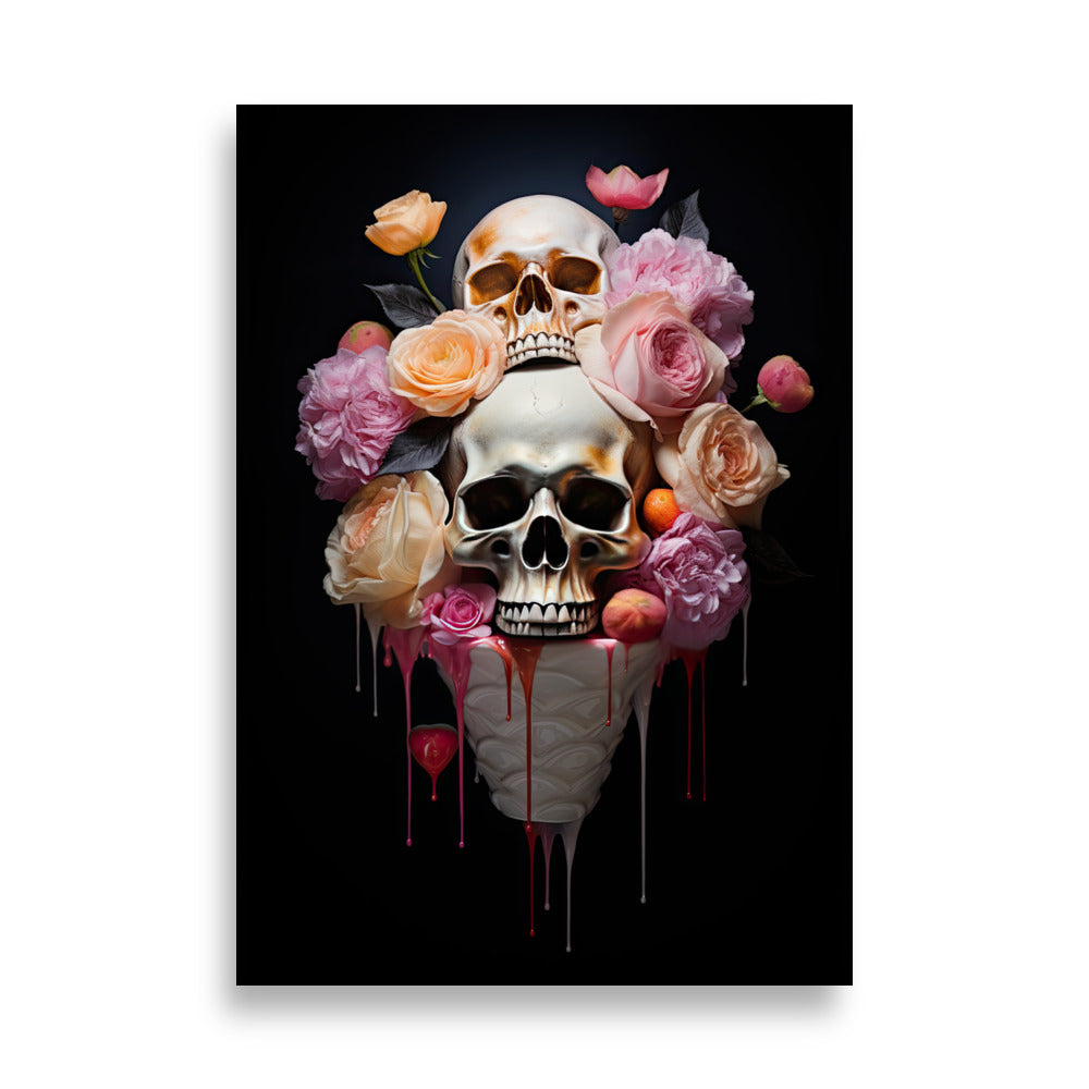 Melting Floral Skull Mates Art Print - Two Skulls Immersed in Pots of Melting Flowers | PosterPainter.com