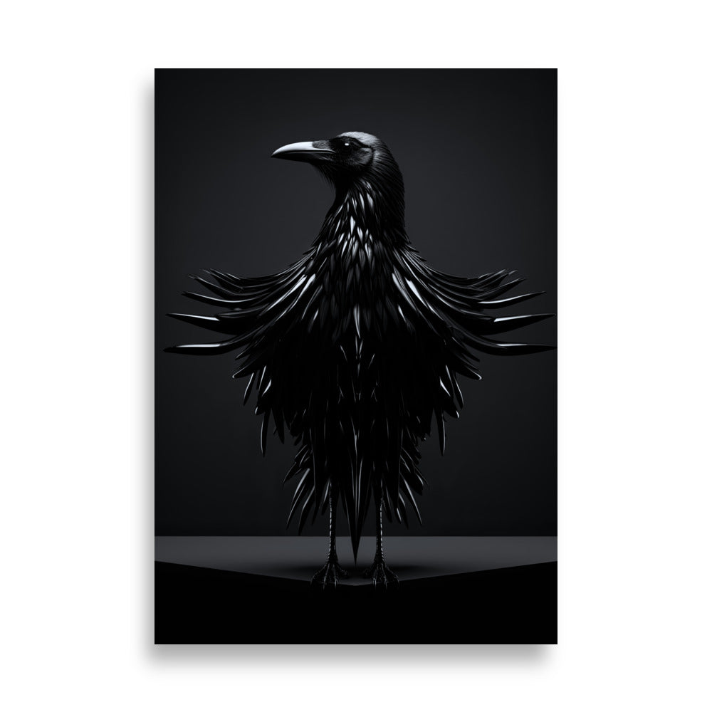 Ferrofeathered Enigma AI Art Print - Black Crow with Intricate Ferrofluid Feathers on Dark Background - PosterPainter.com Exclusive