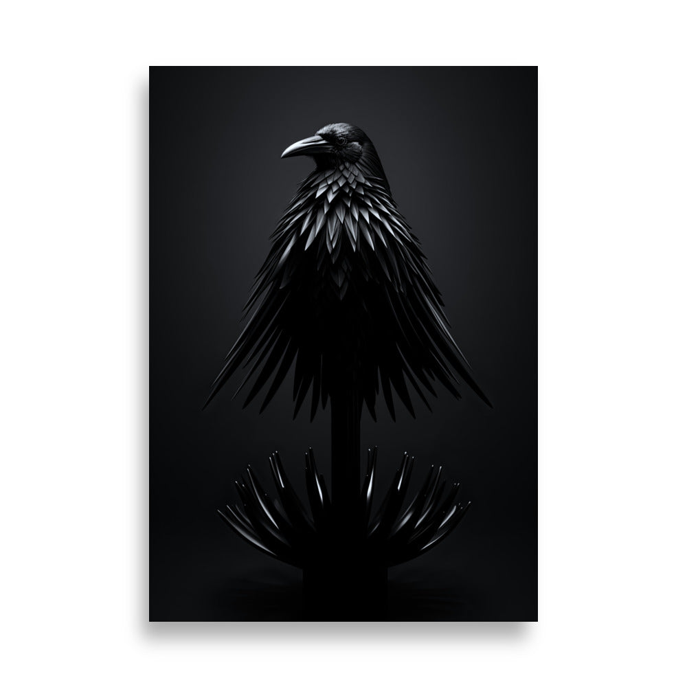 Obsidian Fusion AI Art Print - Black Crow Perched on Swirling Ferrofluid Bed - PosterPainter.com Exclusive