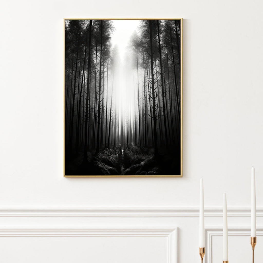 Forbidden Forest Art Print - Monochrome Scene of Tall, Bare Trees in a Mysterious Setting | PosterPainter.com