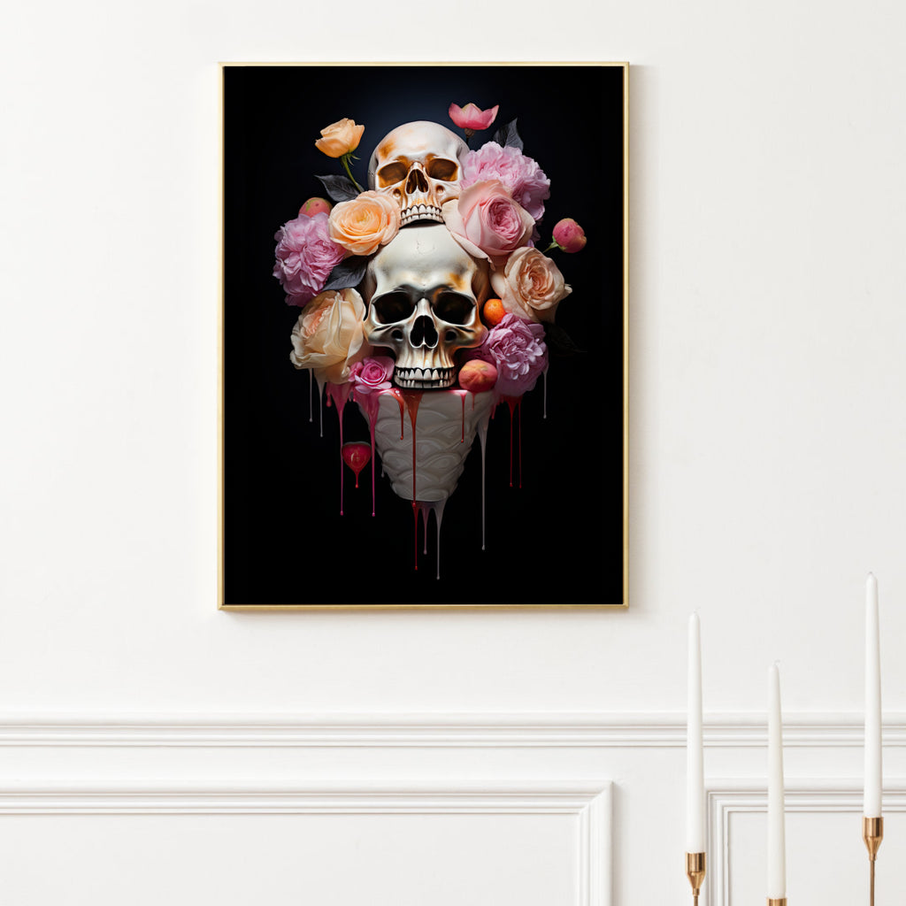 Melting Floral Skull Mates Art Print - Two Skulls Immersed in Pots of Melting Flowers | PosterPainter.com