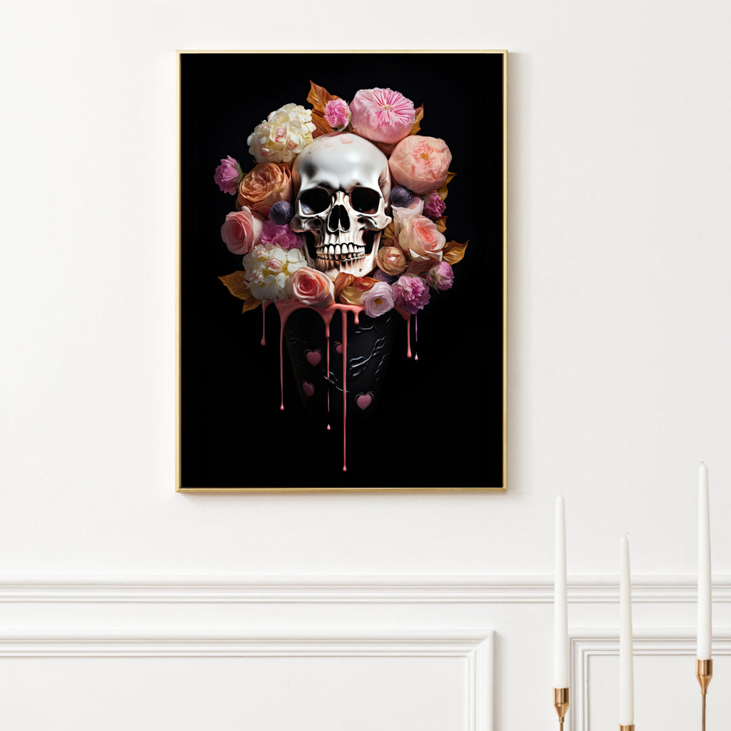 Melting Floral Skull Art Print - Skull Immersed in a Pot of Colorful Melting Flowers