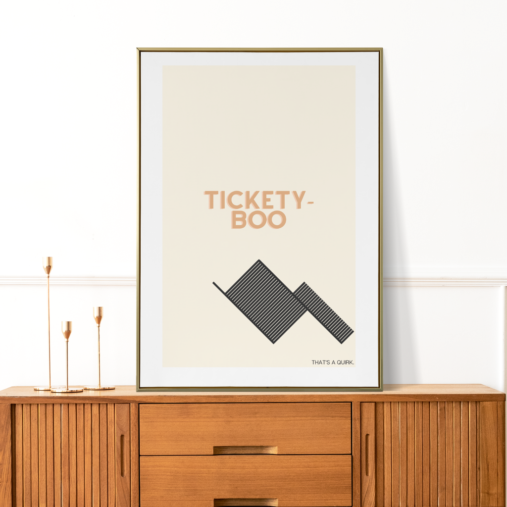 Tickety-boo art print: Off-white background with caramel text and a black modern tick symbol