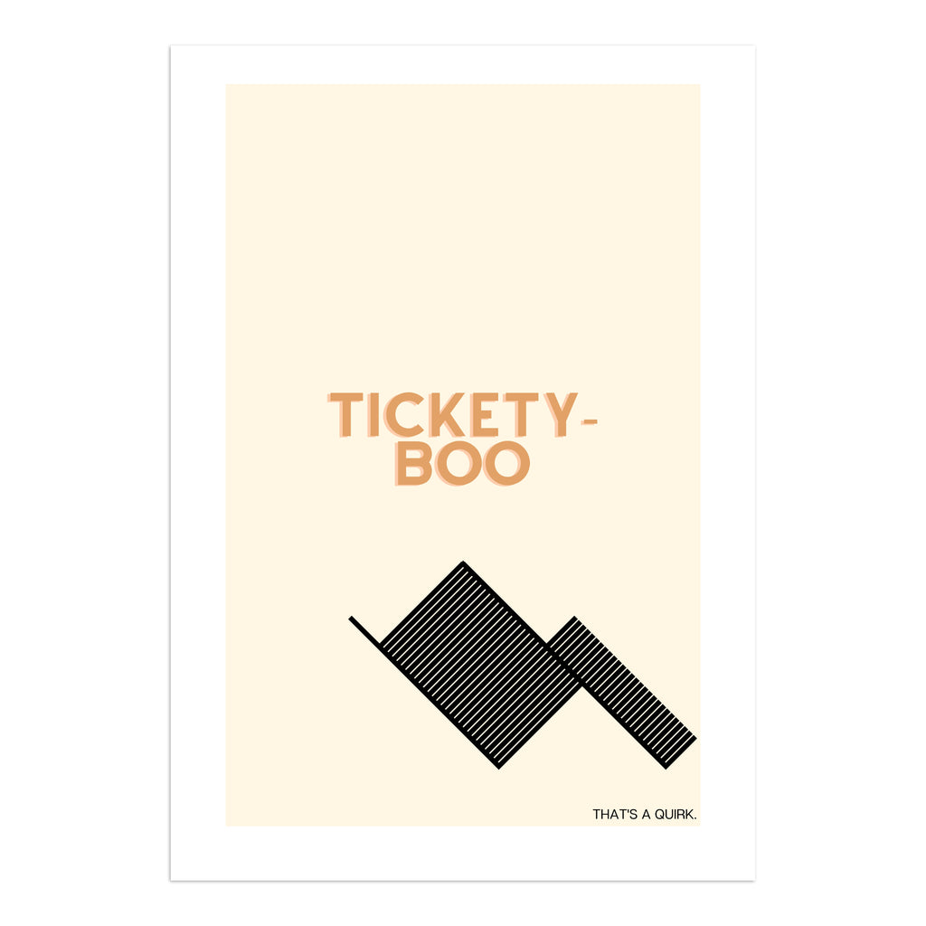 Tickety-boo art print: Off-white background with caramel text and a black modern tick symbol